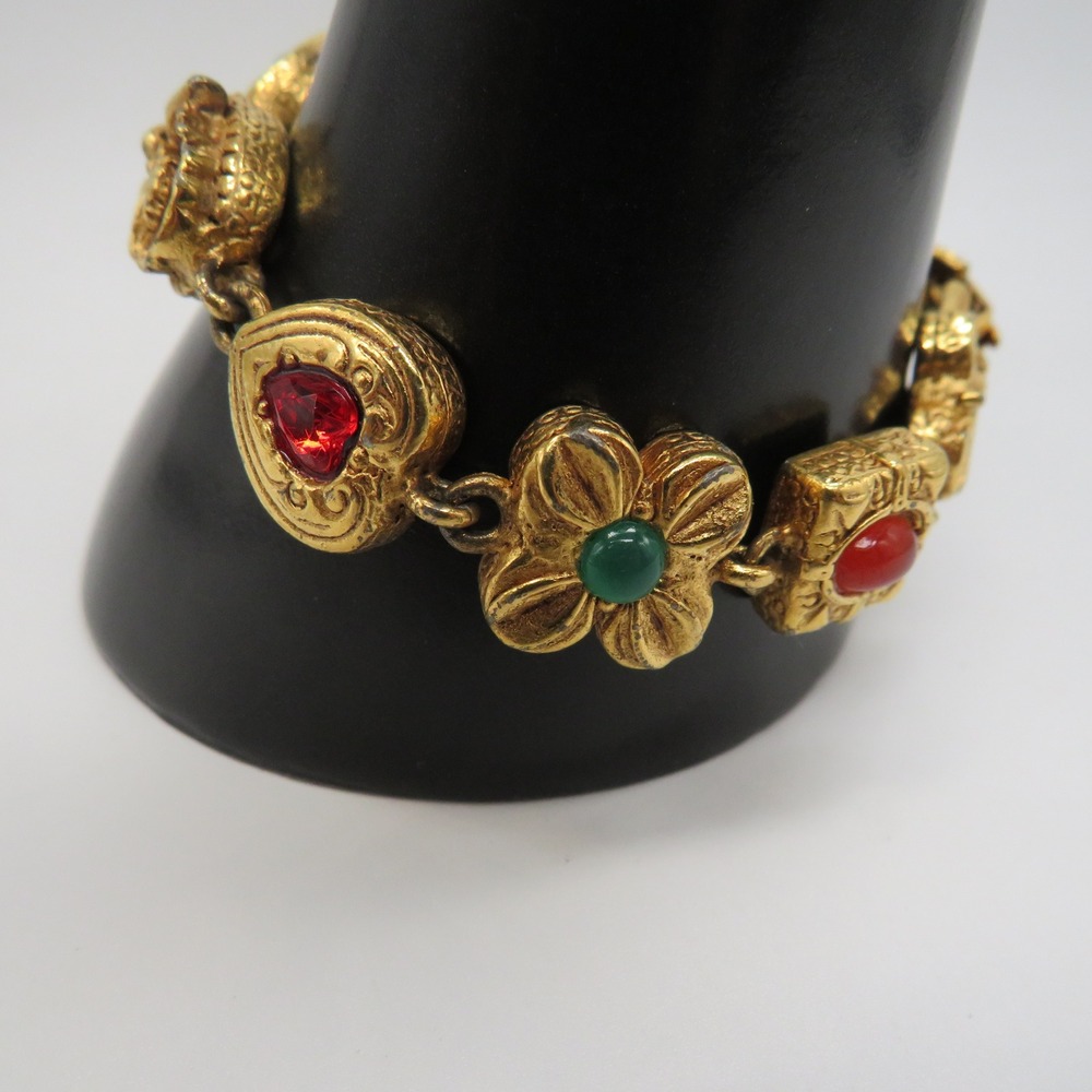 Vintage Gold Tone Multi Color Bead Charm Link Bracelet 7 Inch Ornate Boho